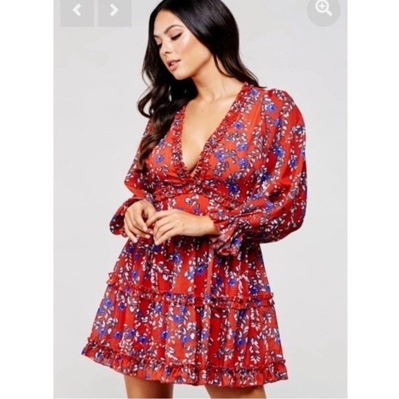 L'ATISTE by Amy‎ Anthropologie Red Floral Long Sleeve Open Back Short Dress Sz S - Picture 12 of 14